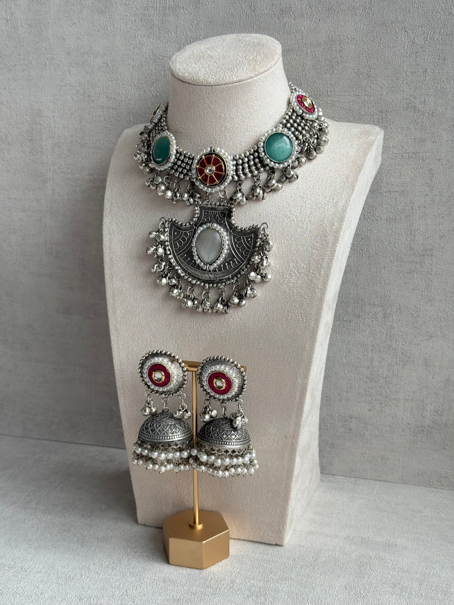 Ayura Designs Zareefa Necklace Set with Jhumkis – Oxidised Silver Pendant Necklace with Multicolour Stones, Pearl Detailing & Ghungroo Accents