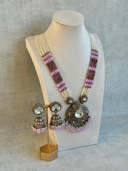 Ayura Designs Brielle Set – Necklace & Jhumkis with Mirror-Cut Stones, Dual-Tone Lilac & Ivory Beads