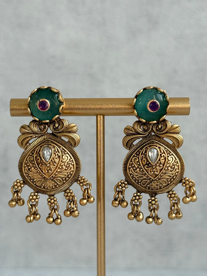 Ayura Designs Alera Set with Necklace & Earrings – Peacock Green and Rani Pink with Antique Gold Ghungroo Detailing