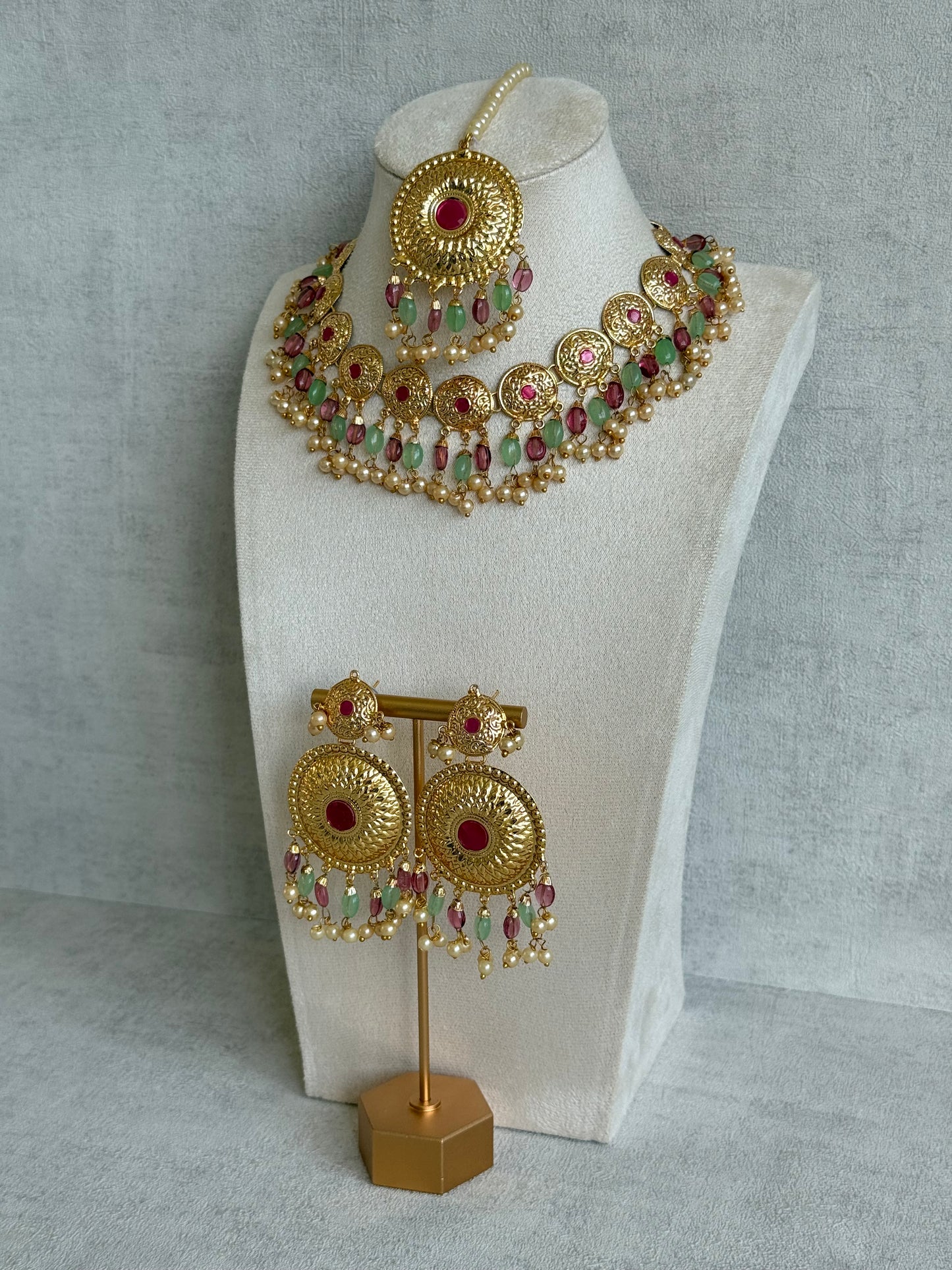 Ayura Designs Jyoti Set with Earrings & Tikka – Gold Disc Necklace with Ruby Pink, Mint Green & Pearl Detailing