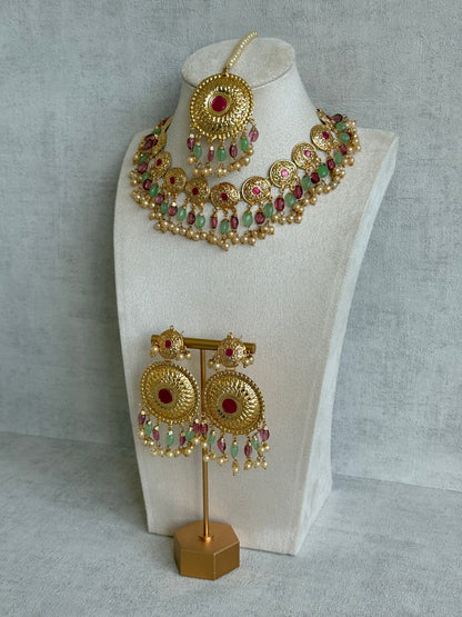 Ayura Designs Jyoti Set with Earrings & Tikka – Gold Disc Necklace with Ruby Pink, Mint Green & Pearl Detailing