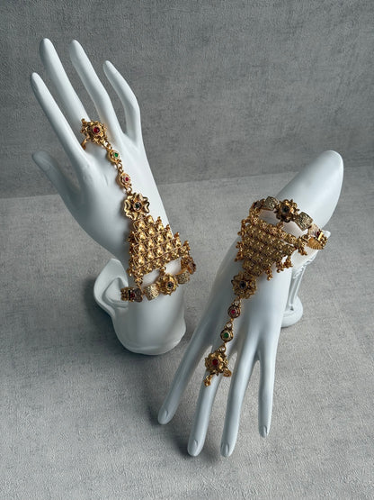 Ayura Designs Tripta Haathphool – Set of 2 Antique Gold Floral Hand Ornament with Multicolour Stones