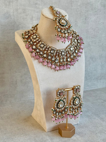 Ayura Designs Ishrat Set with Necklace, Earrings & Tikka – Kundan Detailing, Pearl Drops & Blush Pink Beads