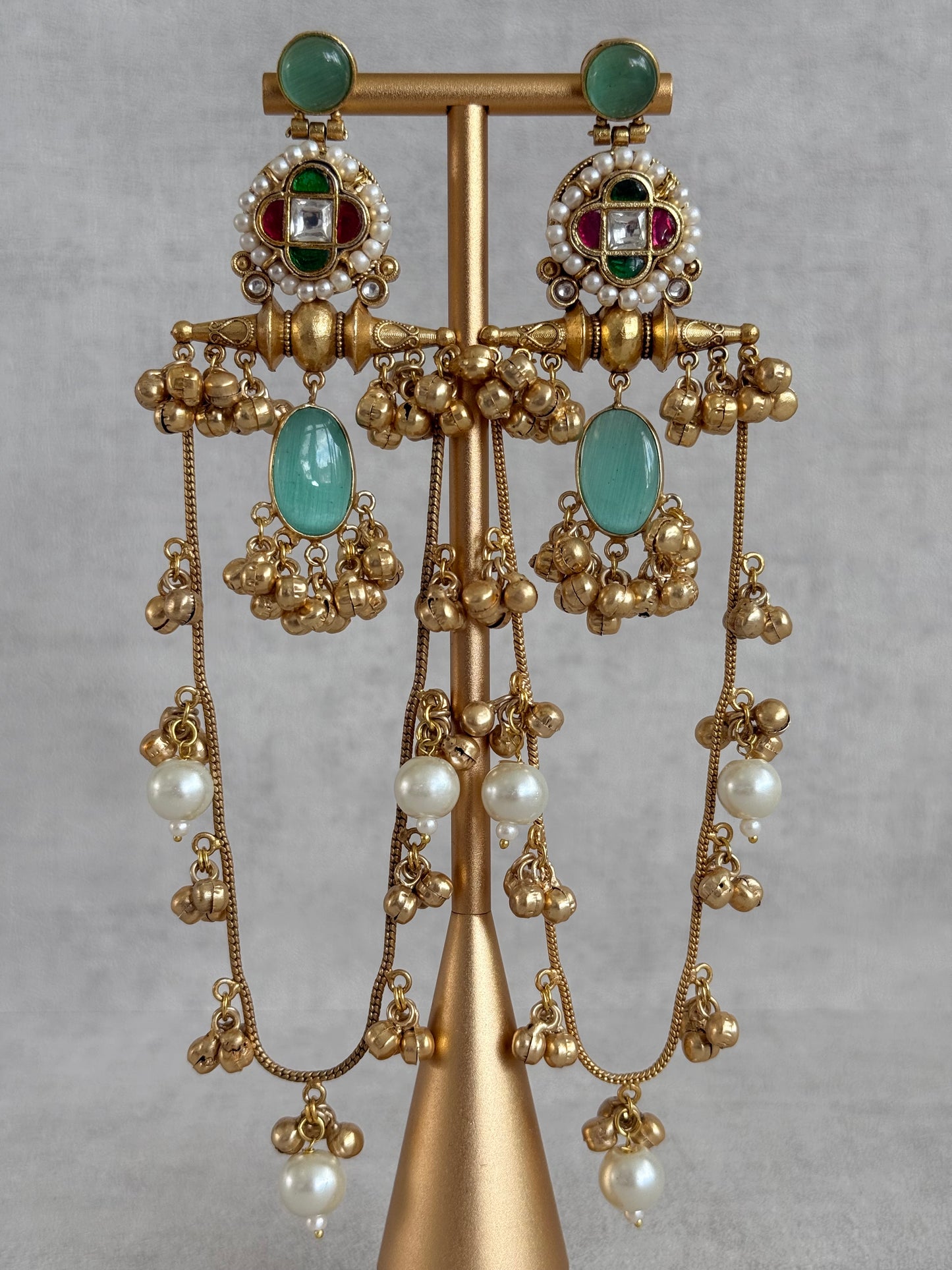Ayura Designs Kashifa Earrings – Kashmiri Earrings with Mint Green Stone, Ghungroo Detailing & Pearl Drops