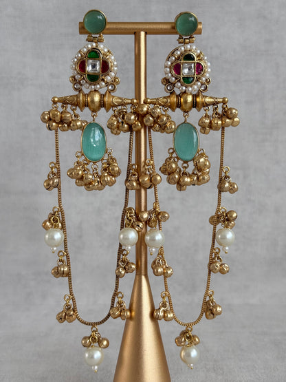 Ayura Designs Kashifa Earrings – Kashmiri Earrings with Mint Green Stone, Ghungroo Detailing & Pearl Drops