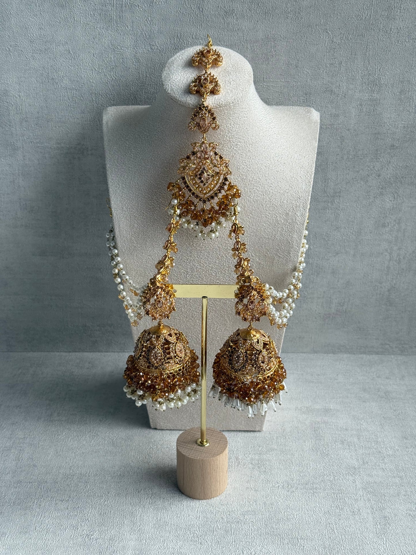 Ayura Designs Safia Tikka Set with Sahare Earrings – Champagne Gold Beads & Pearls