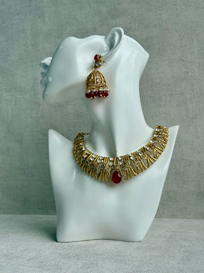 Ayura Designs Rami Collar Set with Jhumkis – Sculpted Gold Collar with Ruby Red Stone and Crystal Detailing