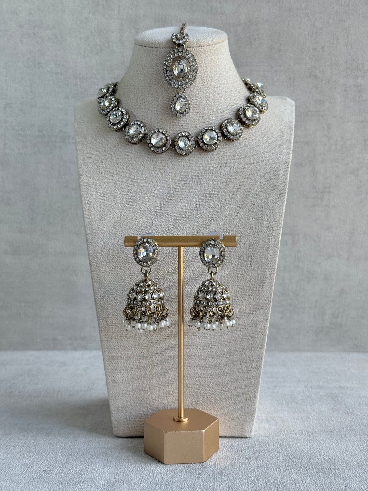 Ayura Designs Eira Necklace Set with Earrings & Tikka – Crystal Stones with Antique Gold Finish