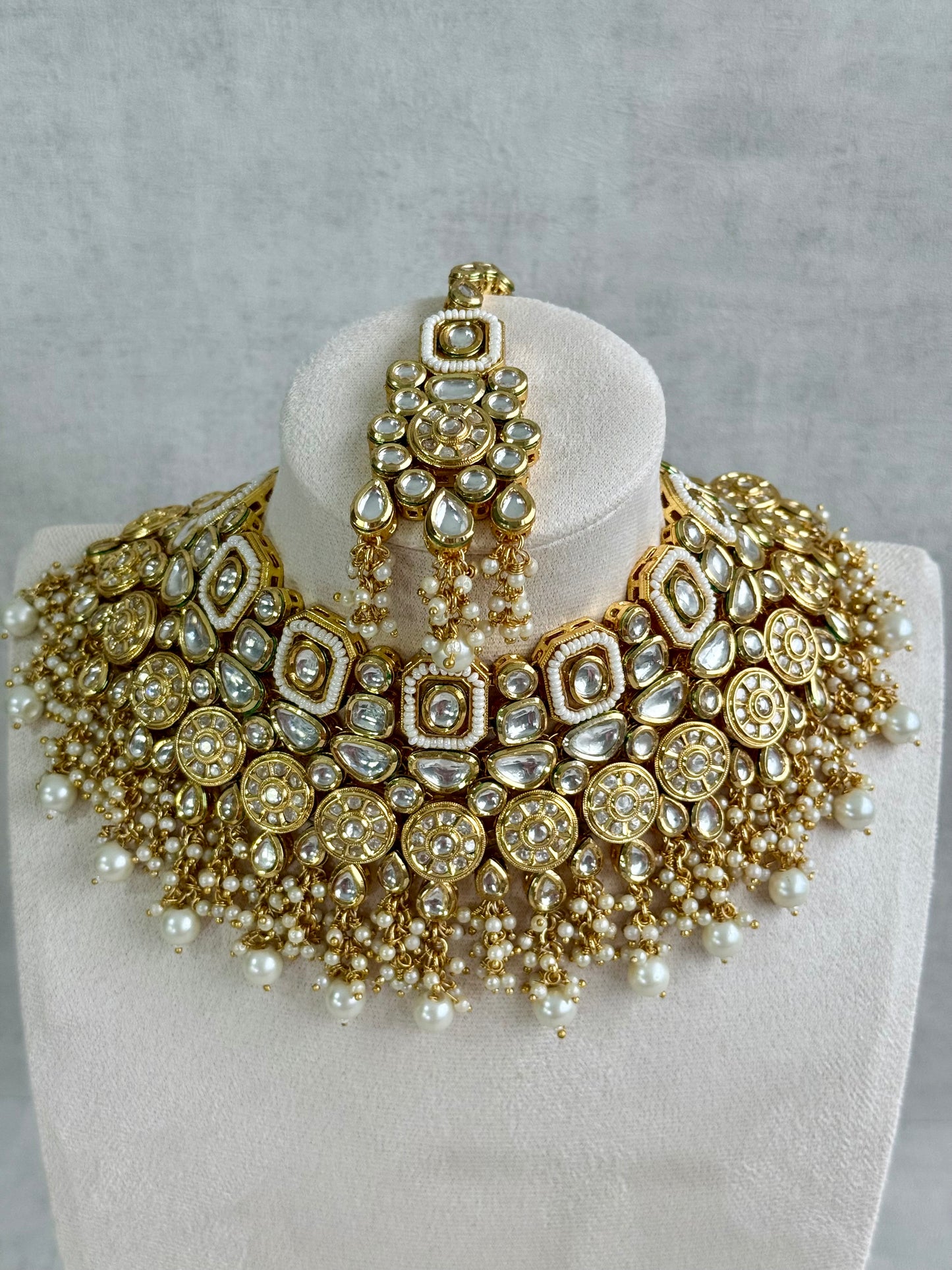 Ayura Designs Suhana Bridal Set with Necklace, Earrings & Tikka – Kundan Stones with Pearl Detailing in Antique Gold Finish