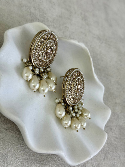 Ayura Designs Aynoor Bloom Circle Earrings – Antique Gold Finish with Mirror-Cut Stones & Pearl Drops