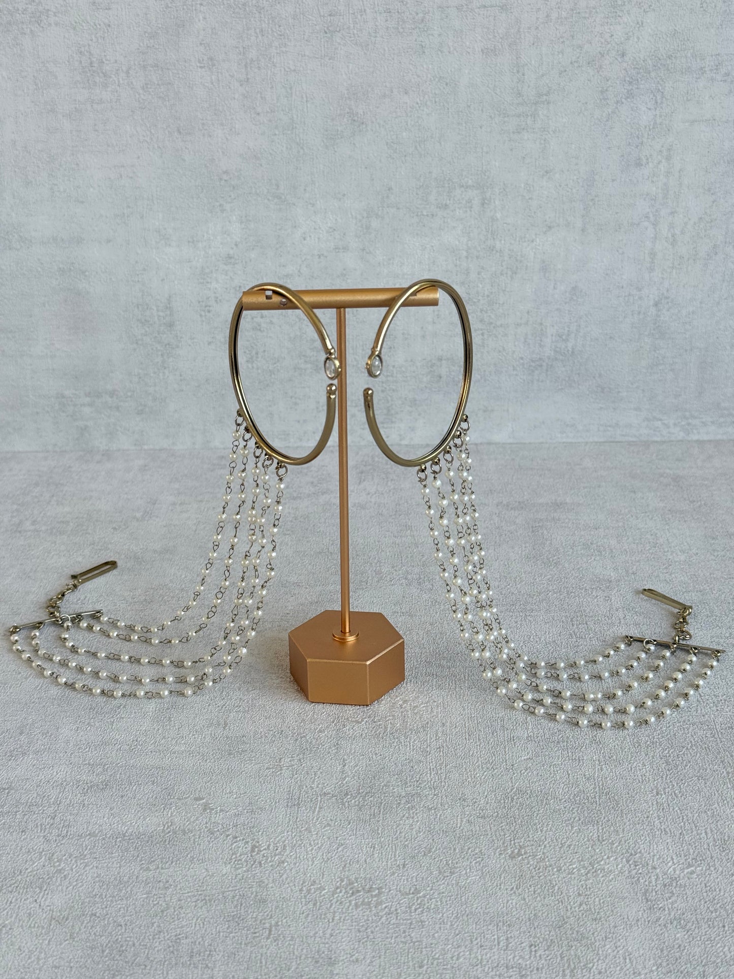 Ayura Designs Anvika Hair Chain Ear Cuffs with Pearl Sahare – Gold Finish & Pearl Detailing