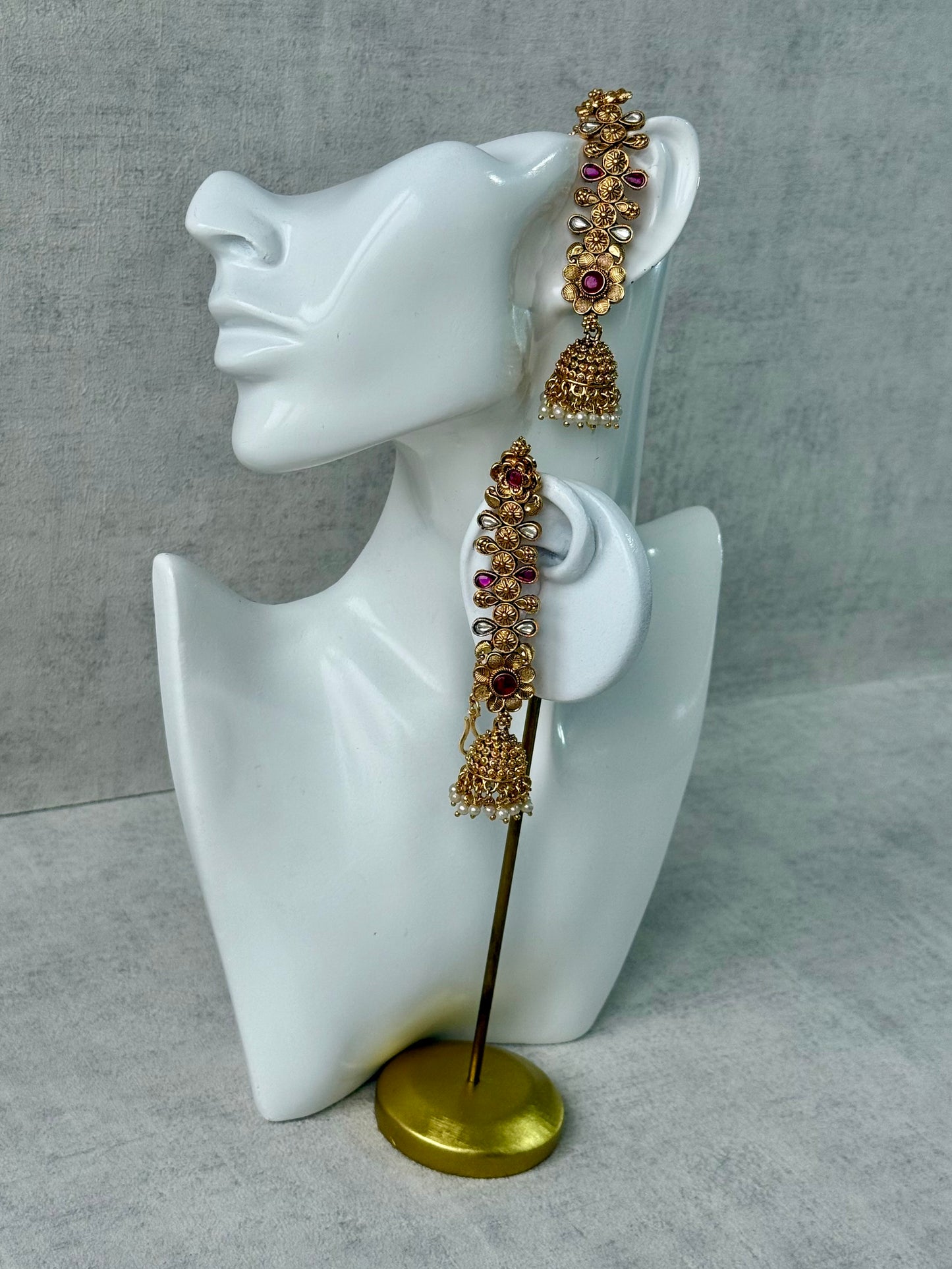 Ayura Designs Keerti Jhumkis – Antique Gold Kannauti Earrings with Ruby Pink Stones, Mirror-Cut Detailing & Pearl Drops