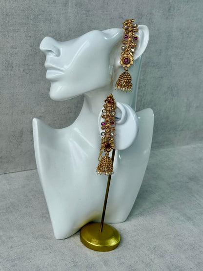 Ayura Designs Keerti Jhumkis – Antique Gold Kannauti Earrings with Ruby Pink Stones, Mirror-Cut Detailing & Pearl Drops