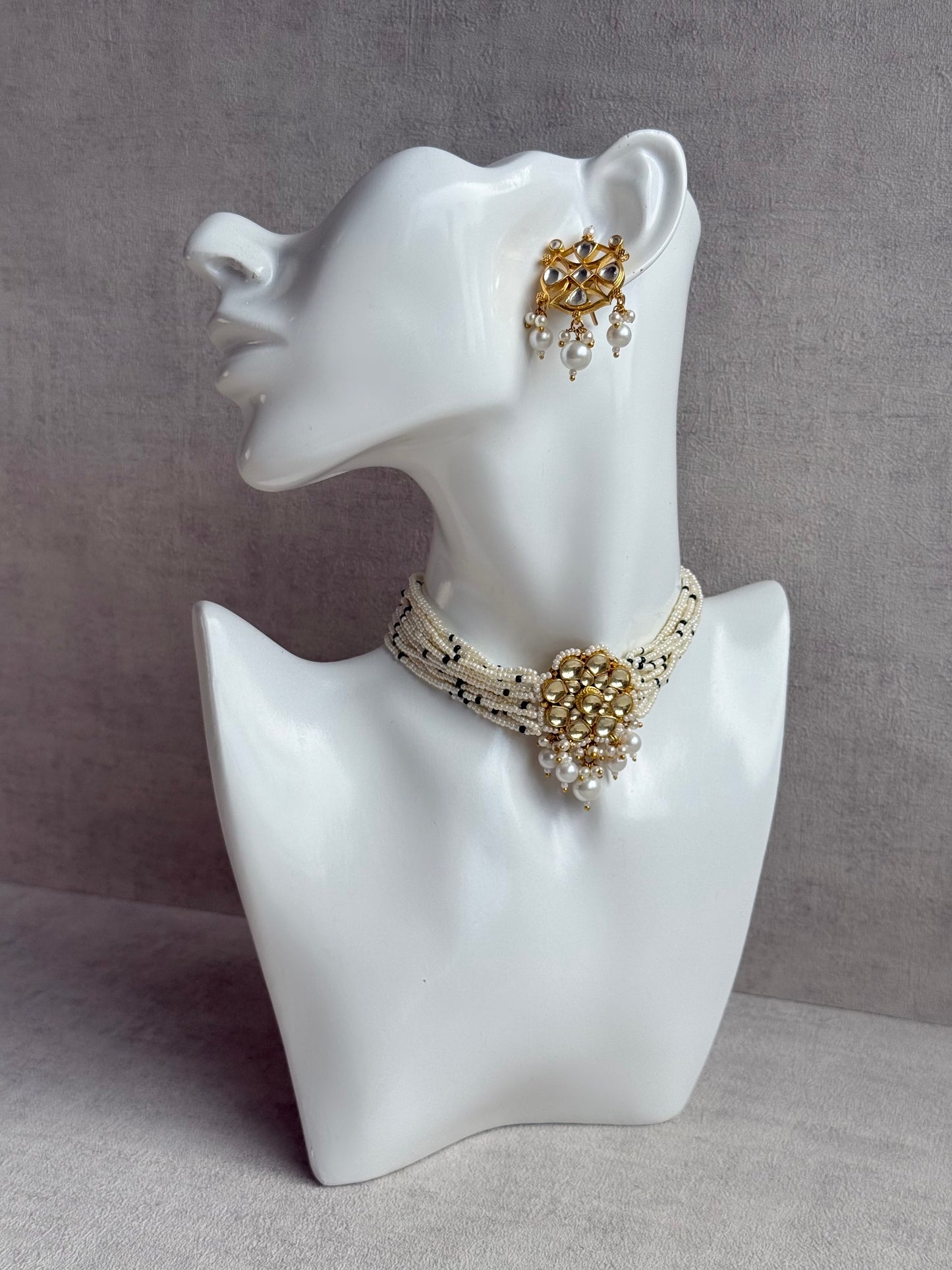 Ayura Designs Saaz Kundan Choker Set with Earrings & Pearl Multi Strand Detailing