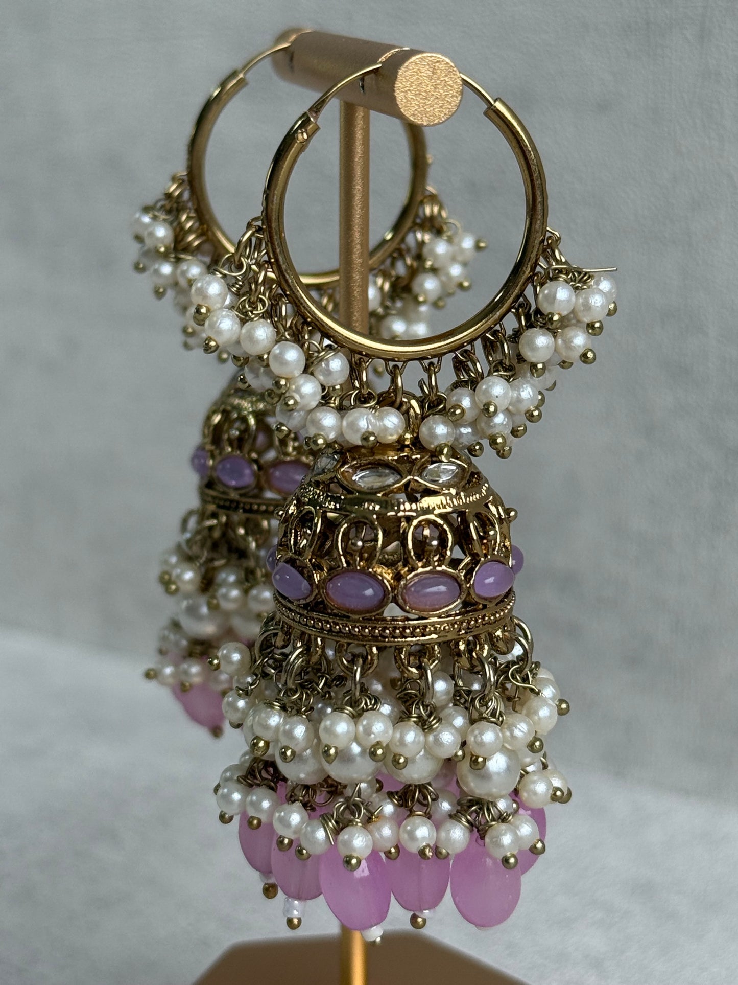 Ayura Designs Jugni Jhumkis – Antique Gold Balis with Lavender Beads & Pearl Clusters