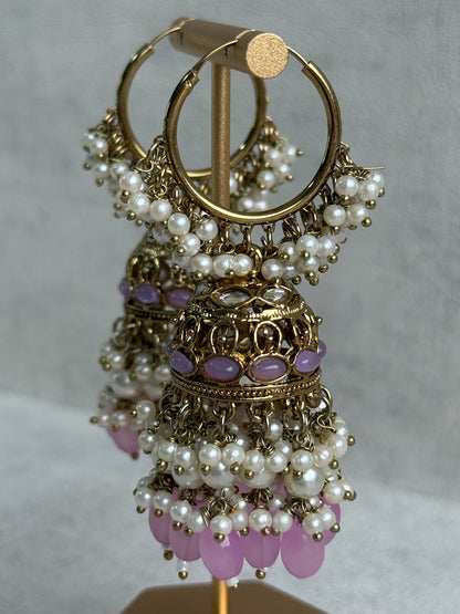 Ayura Designs Jugni Jhumkis – Antique Gold Balis with Lavender Beads & Pearl Clusters