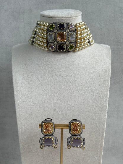 Ayura Designs Amelia Choker Set with Earrings – Moissanite Stonework with Layered Pearls in Antique Silver Finish (Soft Pastel Mix)