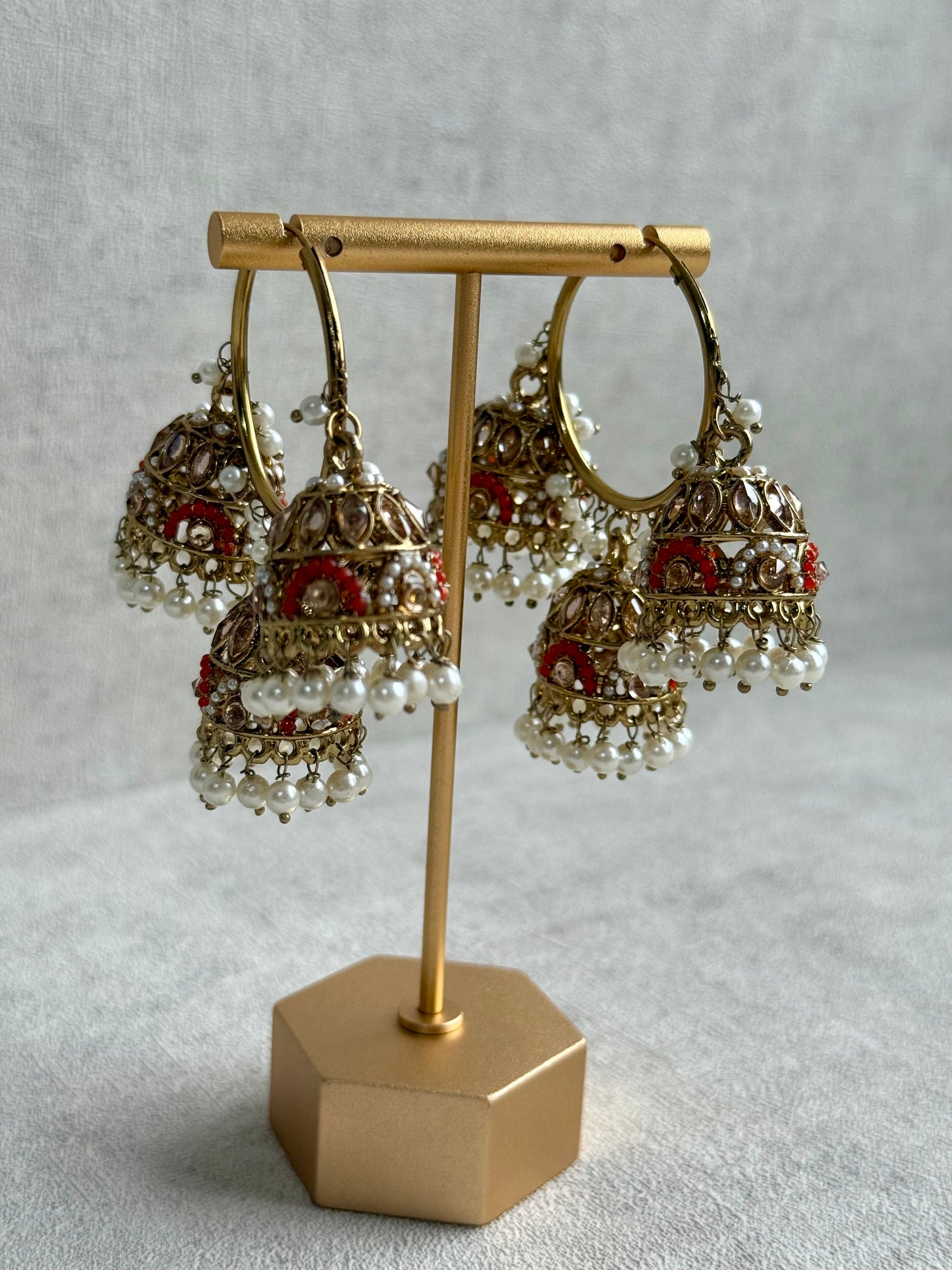 Ayura Designs Nakhra Balis – Orange Triple Dome Earrings with Mirror-Cut Stones & Pearl Detailing