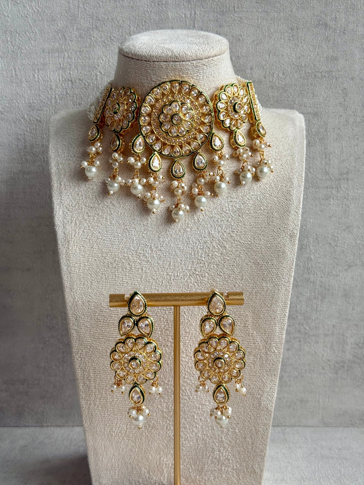 Ayura Designs Khusali Set – Necklace & Earrings with Kundan Stones, Green Enamel, and Pearl Detailing