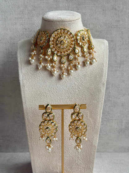 Ayura Designs Khusali Set – Necklace & Earrings with Kundan Stones, Green Enamel, and Pearl Detailing