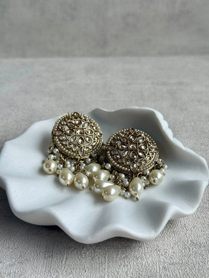 Ayura Designs Aynoor Earrings – Antique Gold Finish with Mirror-Cut Stones & Pearl Drops