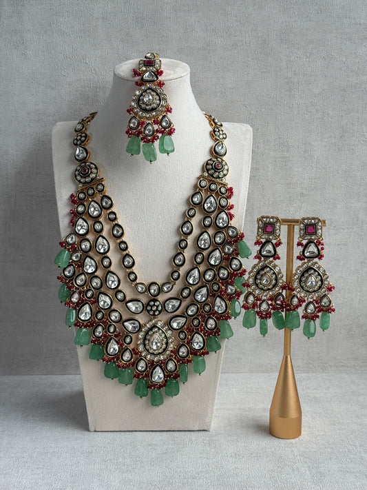Ayura Designs Zahira Bridal Set with Necklace, Earrings & Tikka – Kundan Detailing with Green Enamel, Pink Stones & Jade Green Beads
