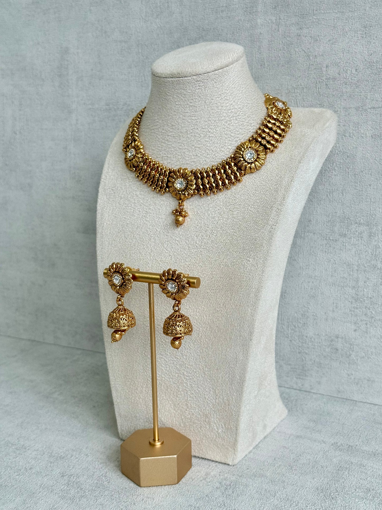 Ayura Designs Arisa Choker Set with Jhumkis – Antique Gold Floral Motifs with Ghungroo Drops