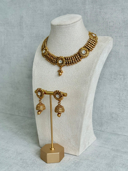 Ayura Designs Arisa Choker Set with Jhumkis – Antique Gold Floral Motifs with Ghungroo Drops