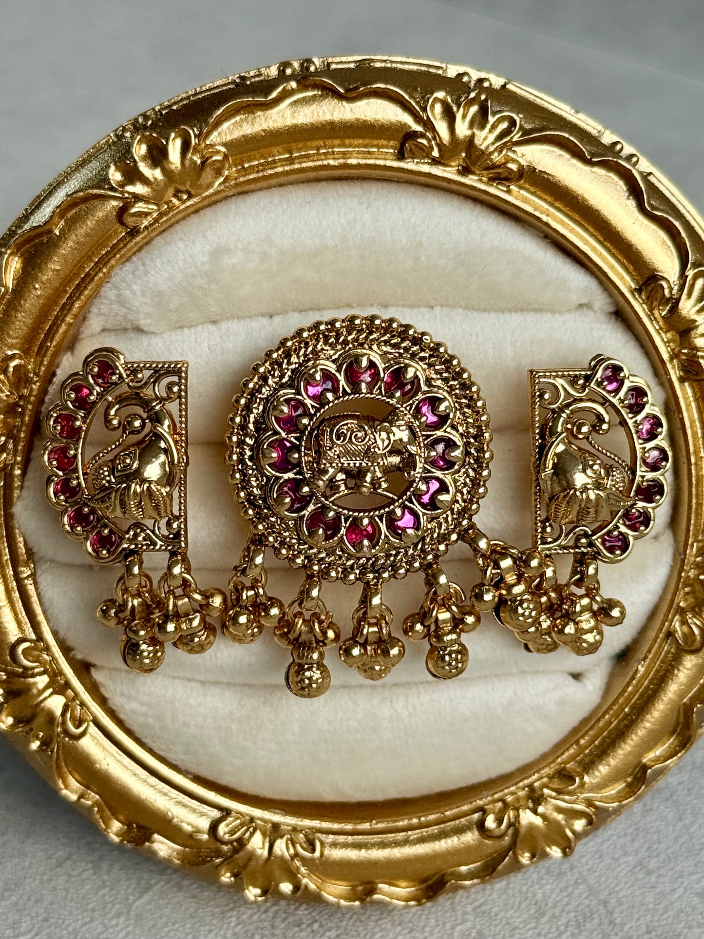Ayura Designs Nira Adjustable Ring – Jadau-Inspired Elephant Motifs with Rani Pink Stones, Pearl Drops & Ghungroos
