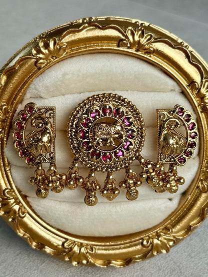 Ayura Designs Nira Adjustable Ring – Jadau-Inspired Elephant Motifs with Rani Pink Stones, Pearl Drops & Ghungroos