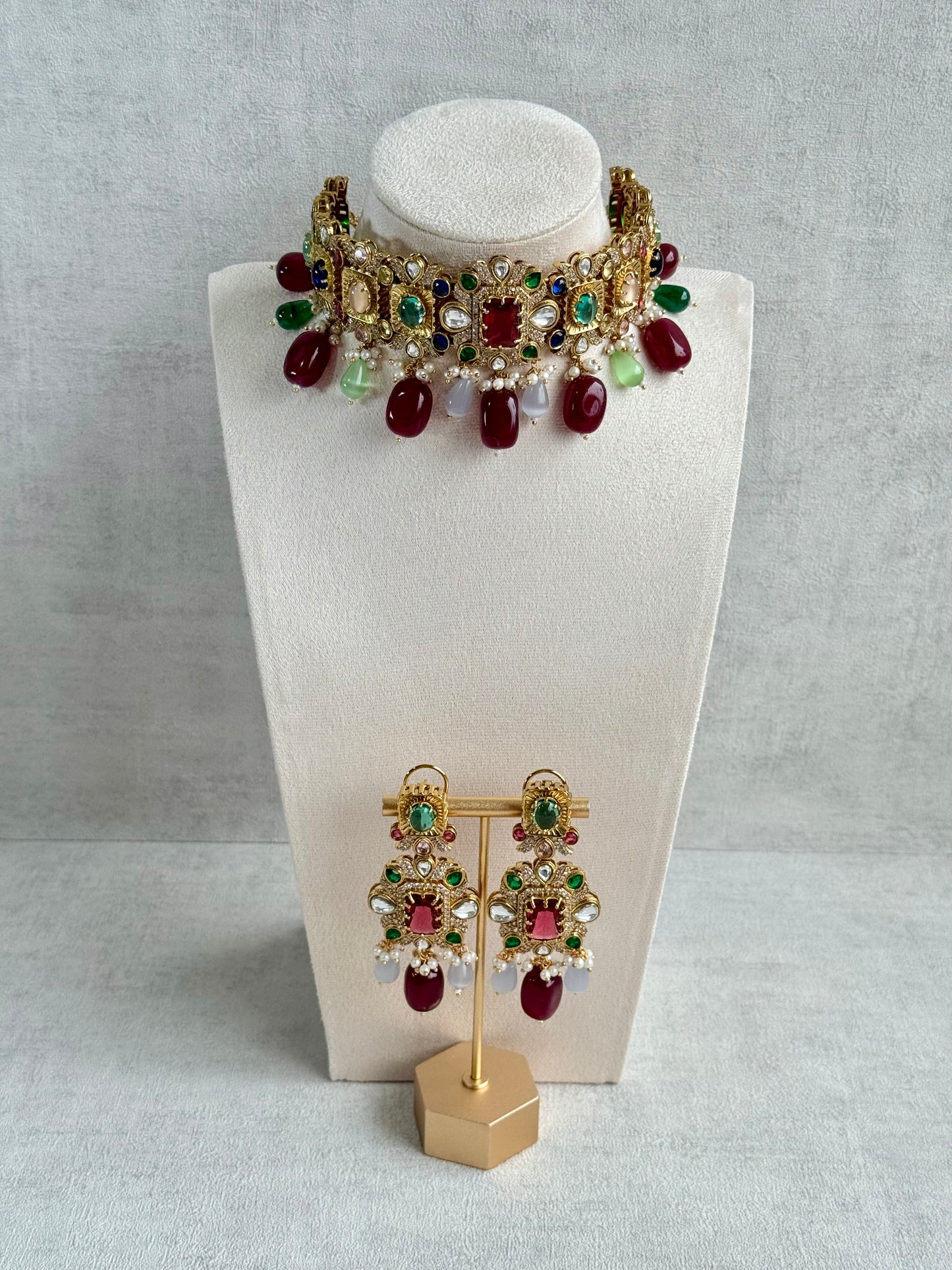 Ayura Designs Hazel Choker Set with Earrings – Multicolour Crystals & Ruby Drop Beads