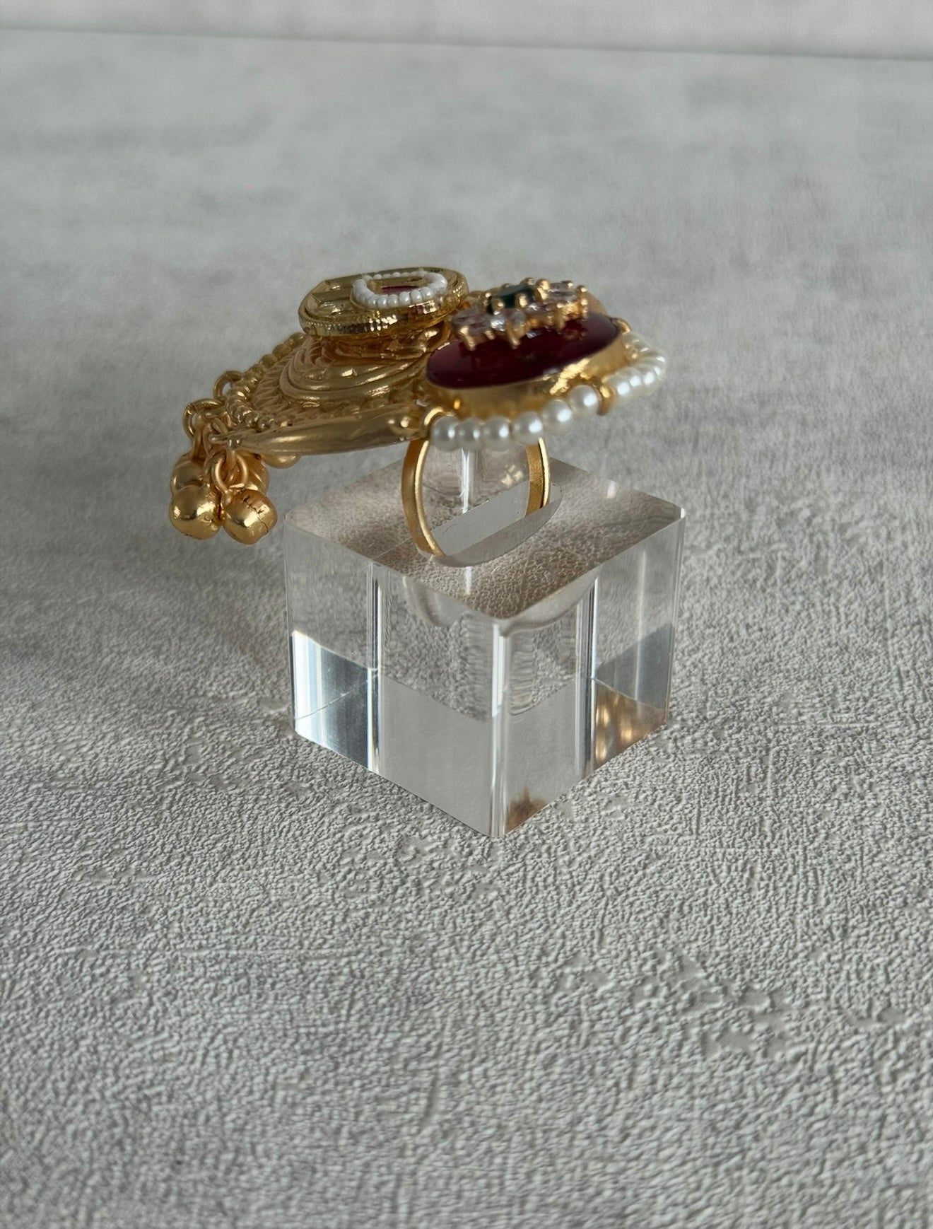 Ayura Designs Sorcha Adjustable Ring – Ruby Red Enamel, Pearl Detailing, Antique Gold & Mirror-Cut Stones