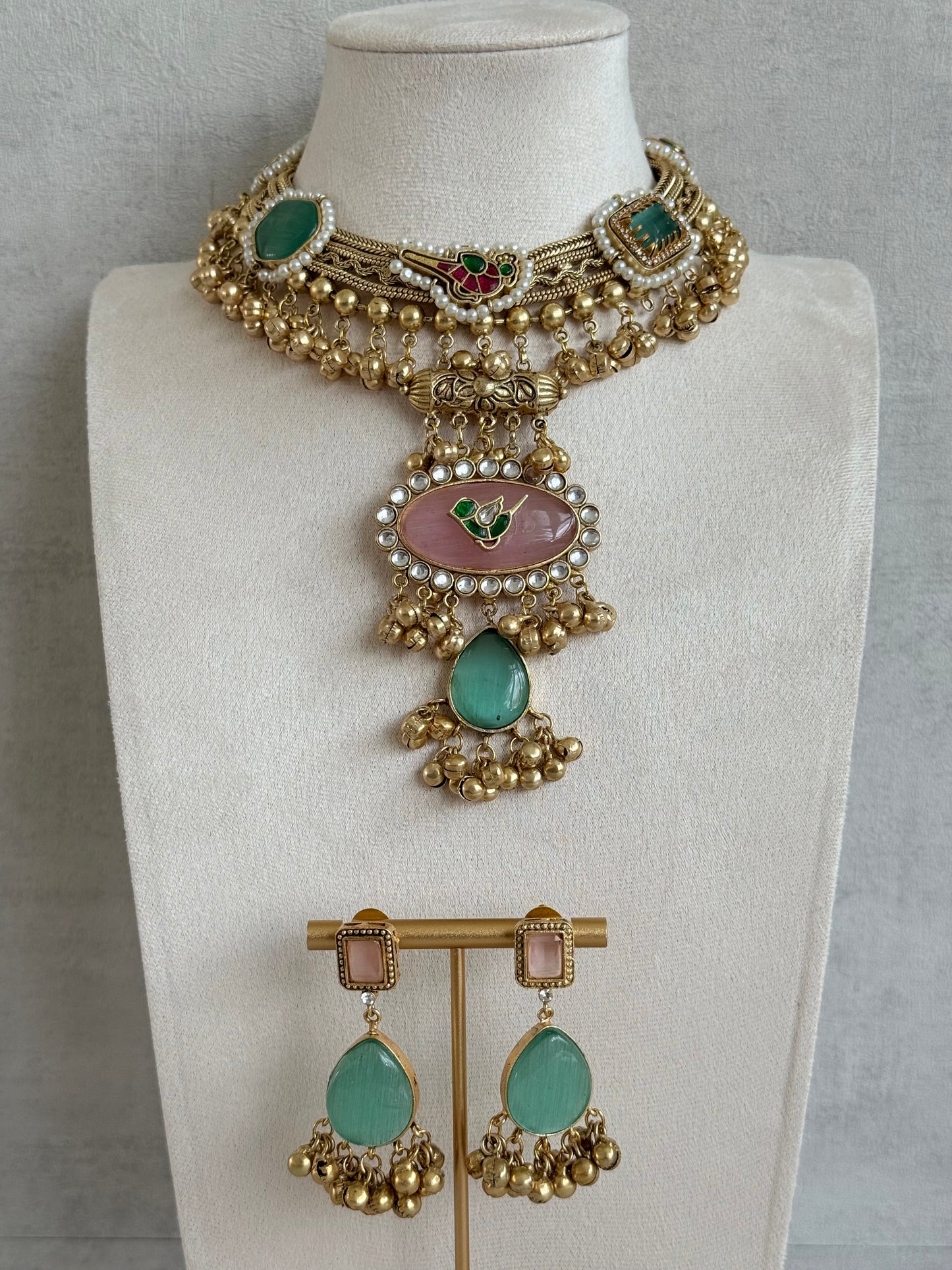 Ayura Designs Ahista Necklace Set with Earrings – Statement Pendant Necklace with Pink & Aqua Green Cat Eye Stones, Pearl Detailing & Ghungroo Accents