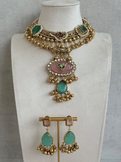 Ayura Designs Ahista Necklace Set with Earrings – Statement Pendant Necklace with Pink & Aqua Green Cat Eye Stones, Pearl Detailing & Ghungroo Accents