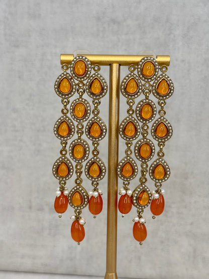 Ayura Designs Mia Earrings – Handcrafted Gold-Toned Cascading Earrings with Orange Gemstones, Pearl Accents & Elegant Drop Detailing