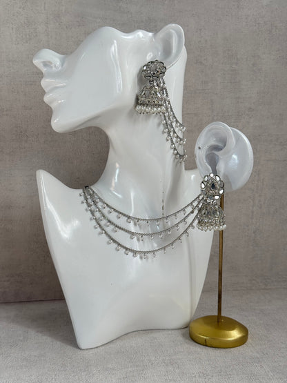 Ayura Designs Aiyana Jhumkis – Silver Mirror-Cut Earrings with Detachable Triple-Layer Pearl Sahare