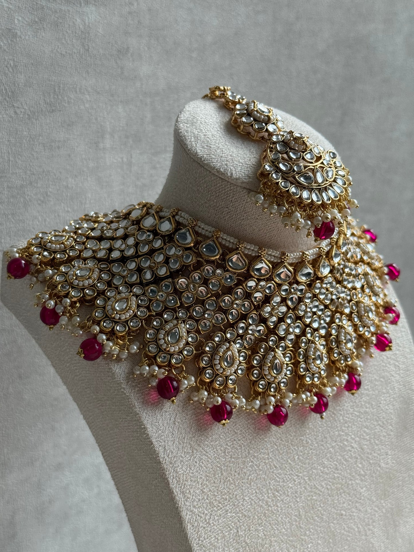 Ayura Designs Suhag Set – Bridal Necklace, Jhumkis & Tikka with Pink Beads, Pearl Detailing & Gold-Finish Kundan