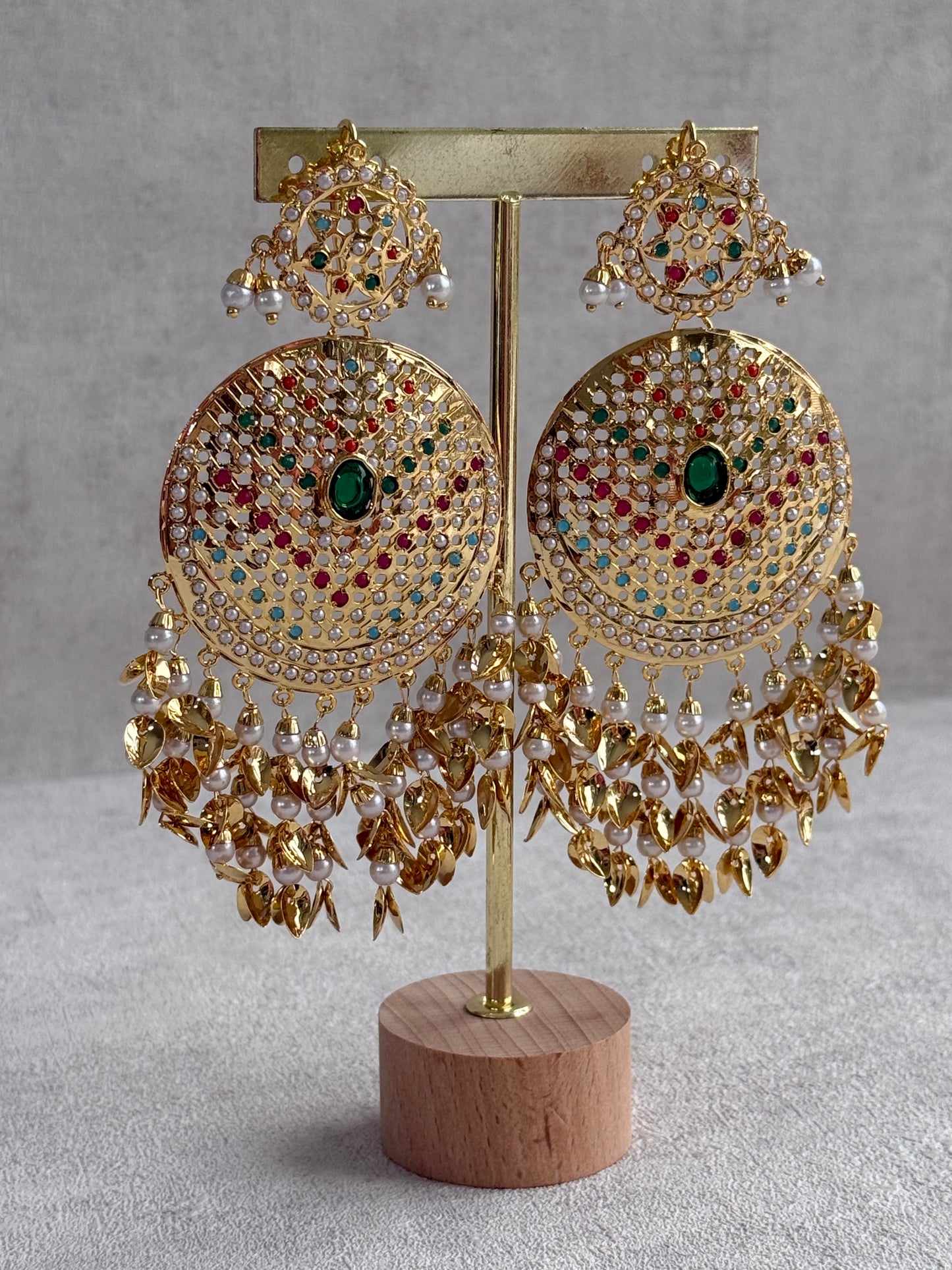 Ayura Designs Seerat Earrings – Emerald Green & Multicolour Gold Pippal Patti Design with Pearls