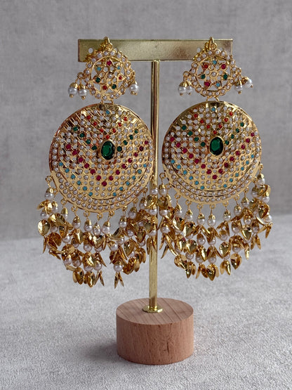 Ayura Designs Seerat Earrings – Emerald Green & Multicolour Gold Pippal Patti Design with Pearls