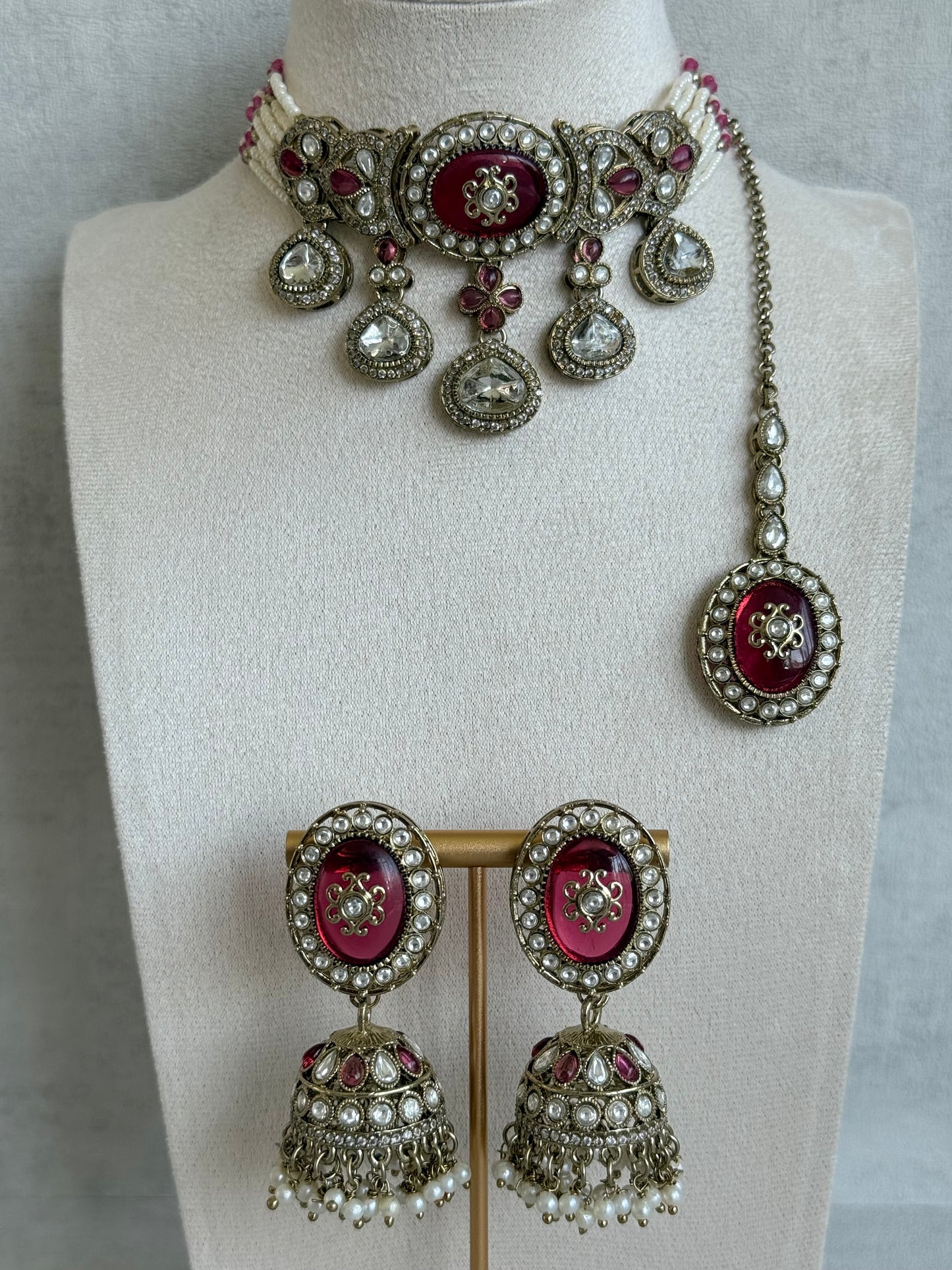 Ayura Designs Myra Choker Set with Earrings & Tikka – Ruby Pink Kundan & Pearl Detailing
