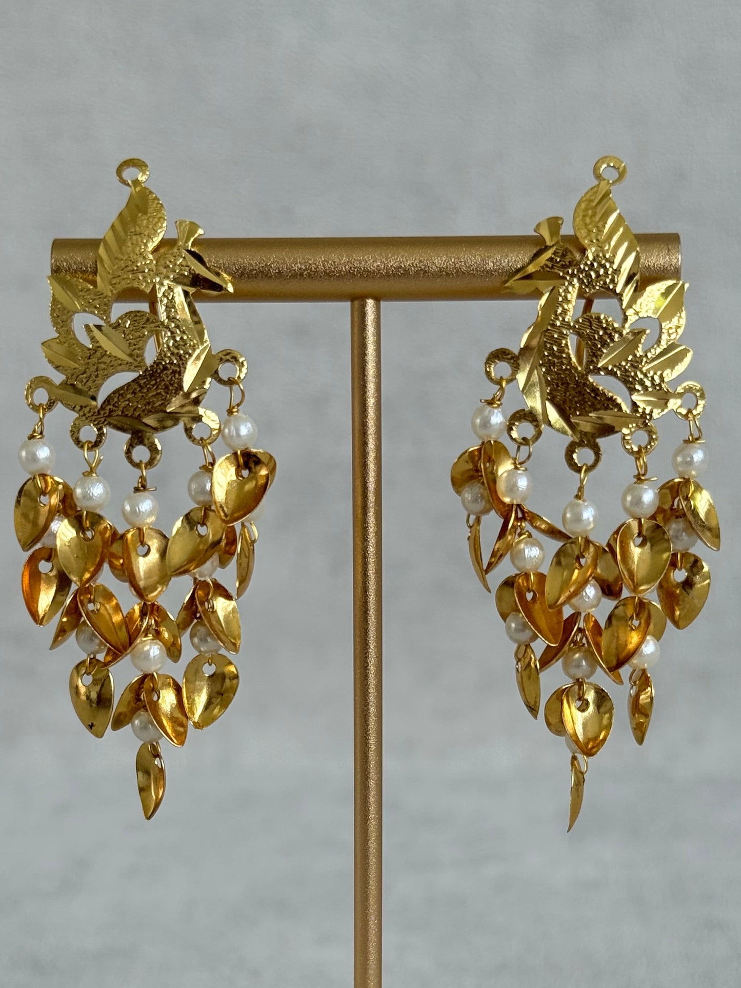 Ayura Designs Patari Earrings – Gold Peacock Pipal Patti Pearl Drop Earrings