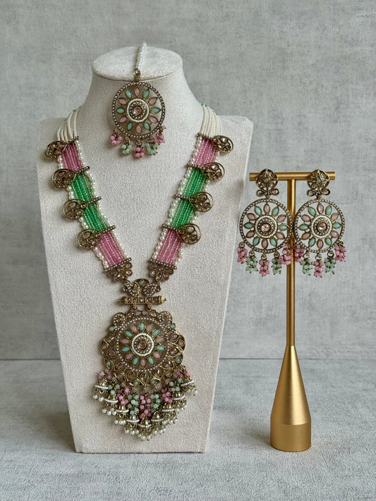 Ayura Designs Rida Set with Long Pearl & Beaded Necklace, Earrings & Tikka – Pastel Pink, Mint Green & Antique Gold Floral Motifs