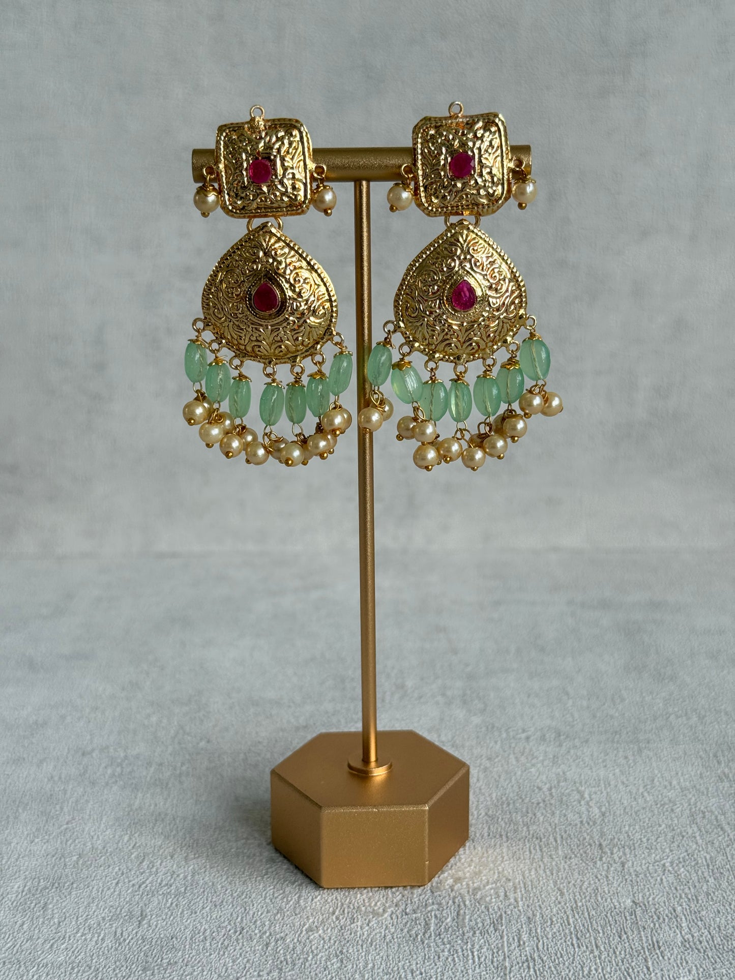 Ayura Designs Chetna Choker Set with Earrings & Tikka – Mint Green Beads, Cream Pearl Drops with Pipal Patti Detailing