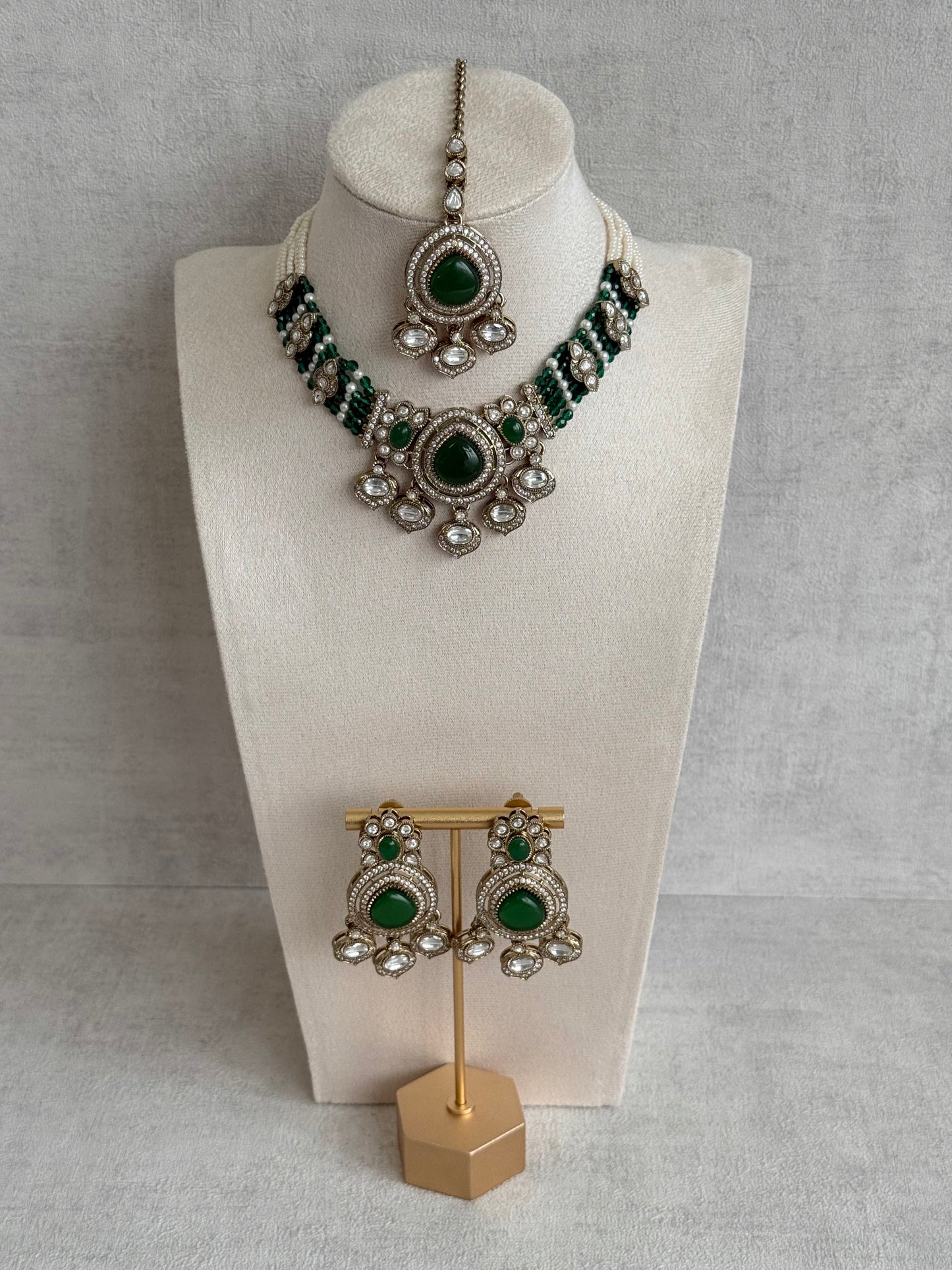 Ayura Designs Rahi Necklace Set with Earrings & Tikka – Emerald Green Stones with Mirror-Cut Detailing & Pearl Strands
