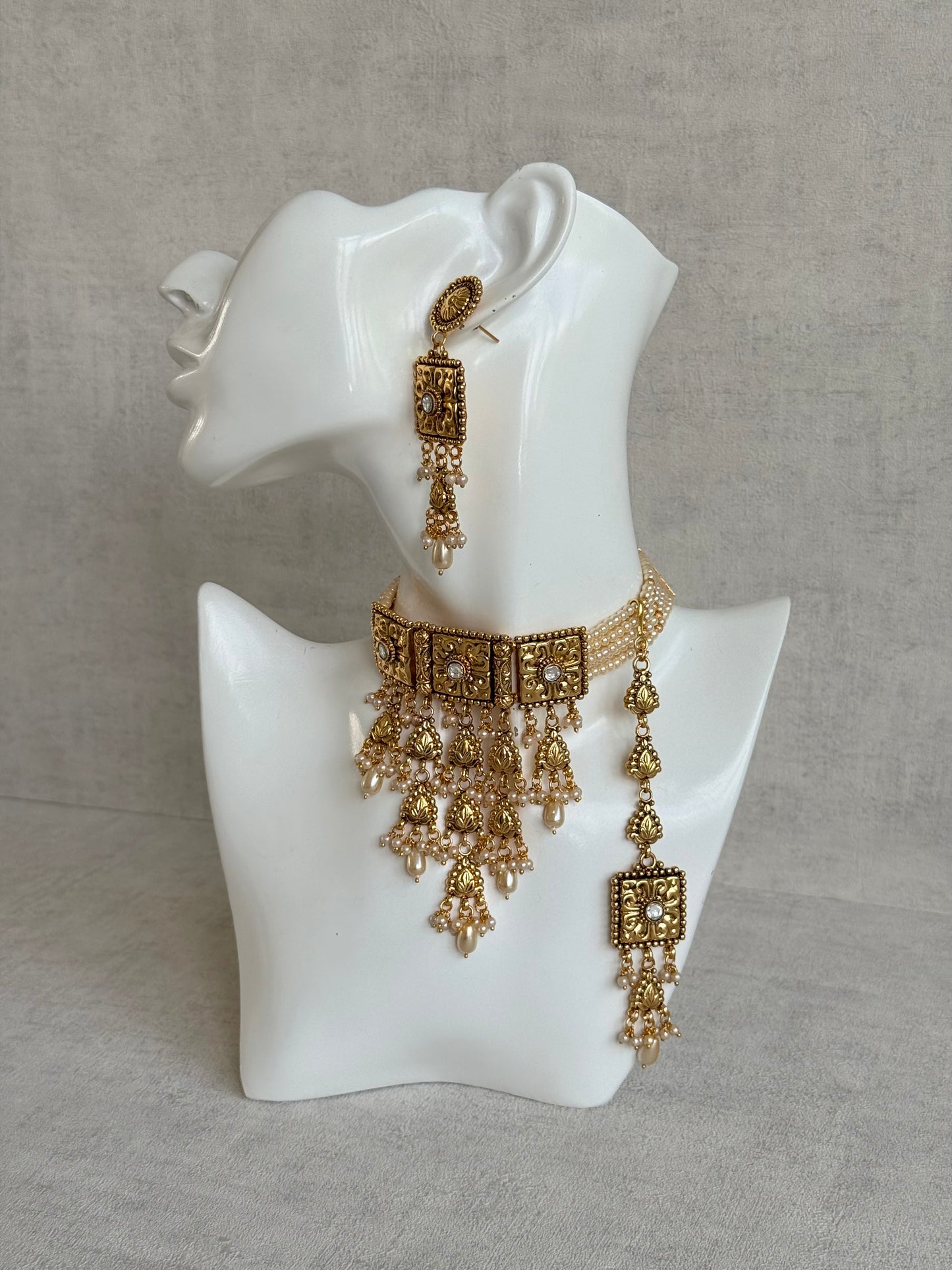 Ayura Designs Nimrah Choker Set with Earrings & Tikka – Ivory Pearl Gold Tone Waterfall Jewellery Set