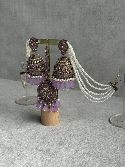 Ayura Designs Amrita Set – Jhumkis with Sahare & Tikka in Soft Lilac Beads, Pearls and Antique Gold Finish