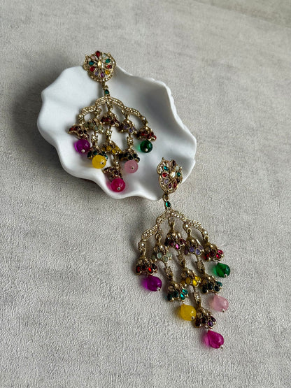 Ayura Designs Jasmine Earrings – Chandelier Earrings with Multicolour Beads & Antique Gold Detailing