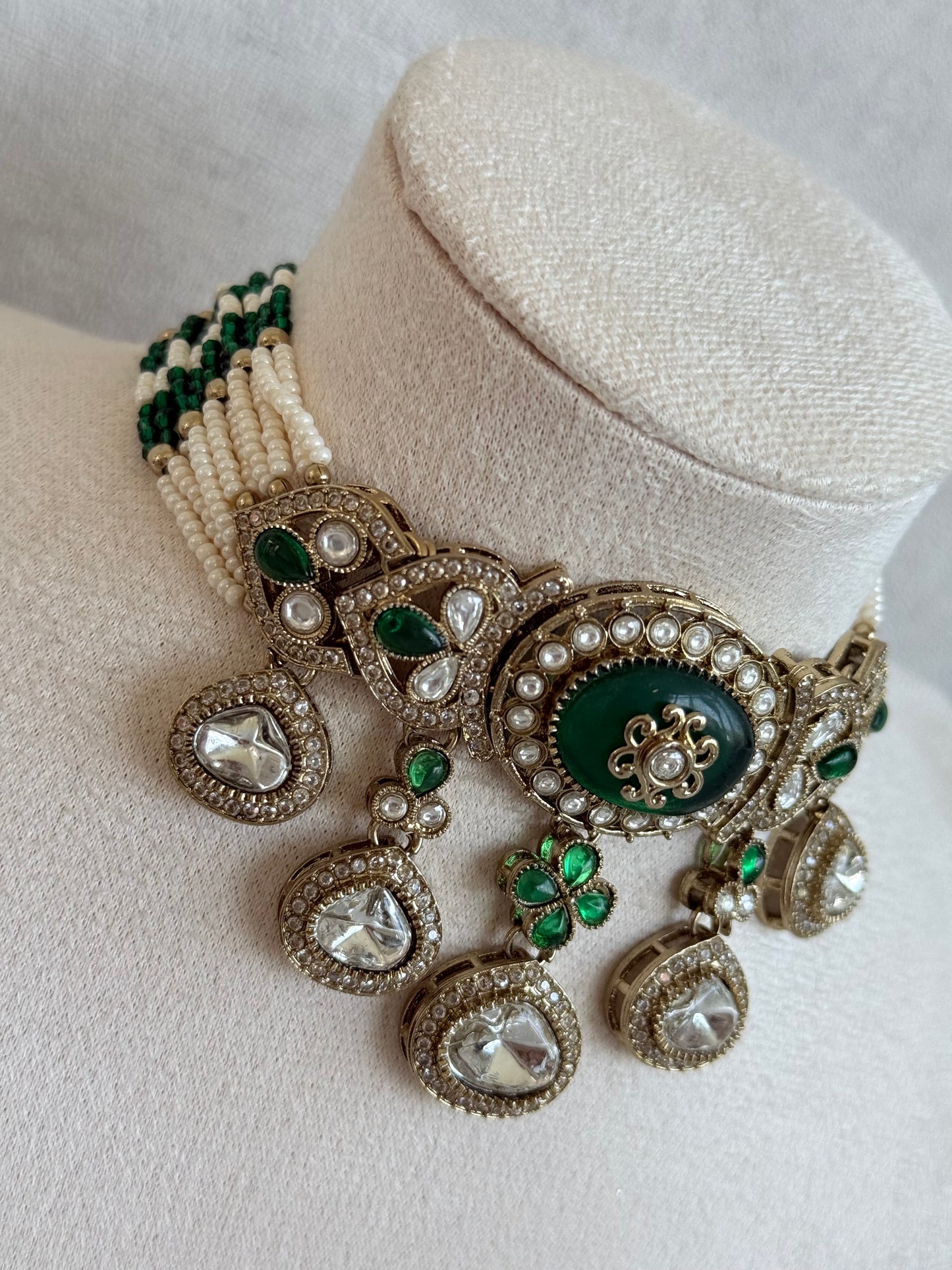 Ayura Designs Myra Choker Set with Earrings & Tikka – Emerald Green Kundan & Pearl Detailing