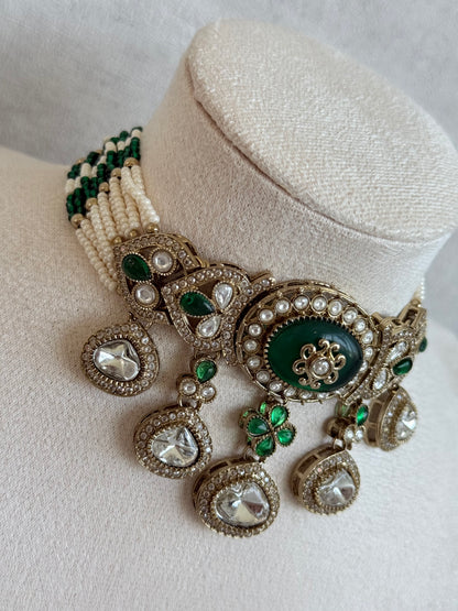 Ayura Designs Myra Choker Set with Earrings & Tikka – Emerald Green Kundan & Pearl Detailing