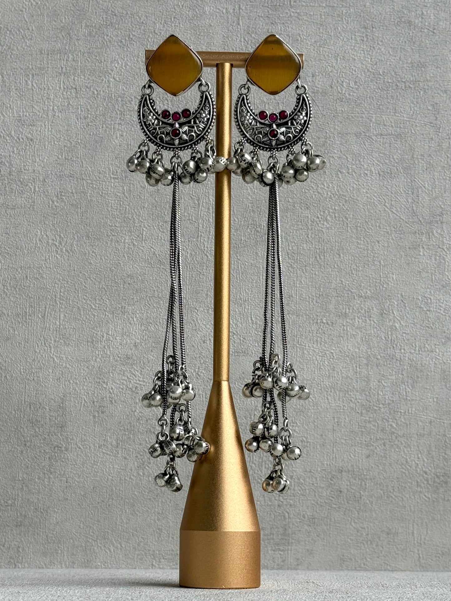Ayura Designs Zarfa Earrings – Oxidised Earrings with Amber Stones, Hanging Ghungroo Chains & Crescent Detailing